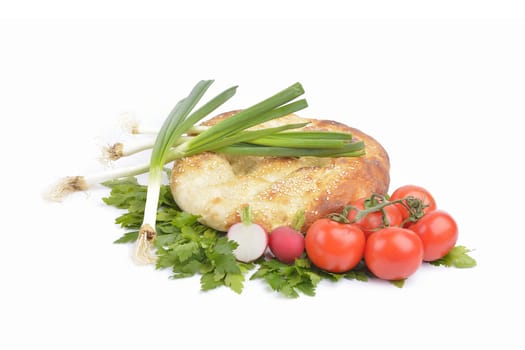 fresh homemade natural bread with vegetables  on white background