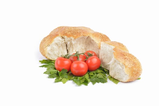 fresh homemade natural bread with vegetables  on white background