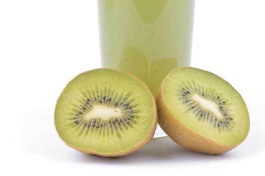 fresh kiwi juice and fruit on white background