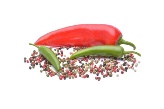 Pepper and pepper spice on white background