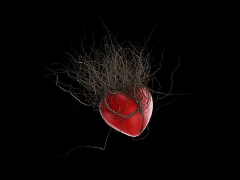 Brown's roots grew out of a red heart, in a black background.