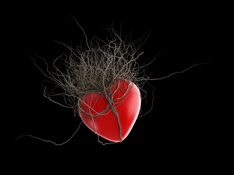 Brown's roots grew out of a red heart, in a black background.