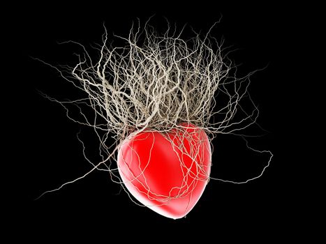 Brown's roots grew out of a red heart, in a black background.