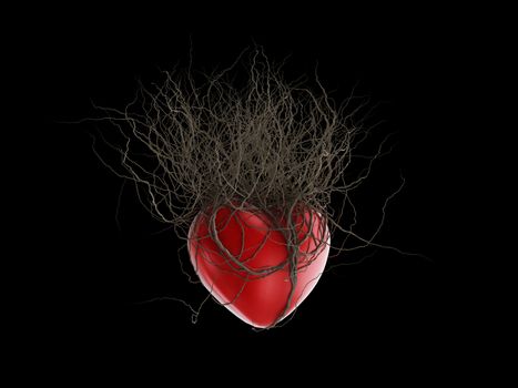 Brown's roots grew out of a red heart, in a black background.