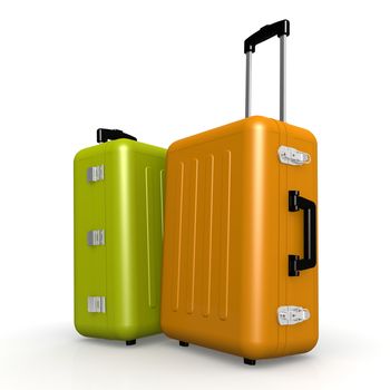 Orange and green luggages stand on the floor image with hi-res rendered artwork that could be used for any graphic design.