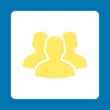 Account Group raster icon. This flat rounded square button uses yellow and white colors and isolated on a blue background.