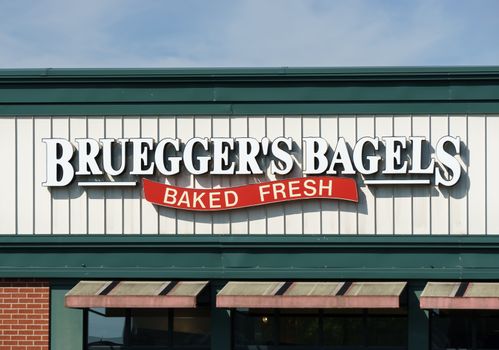BLOOMINGTON, MN/USA - AUGUST 5, 2015: Bruegger's Bagels sign and logo.  Bruegger's is a bagel and coffee chain in the United States.