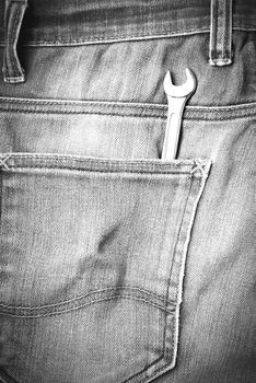 wrench tools in jean pants black and white tone color style
