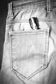 screwdriver in jean pocket pants black and white tone color style