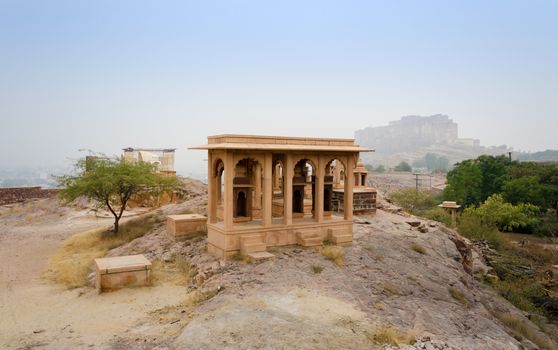 Jaswant Thada mausoleum with mehrangarh fort in Jodhpur, India
