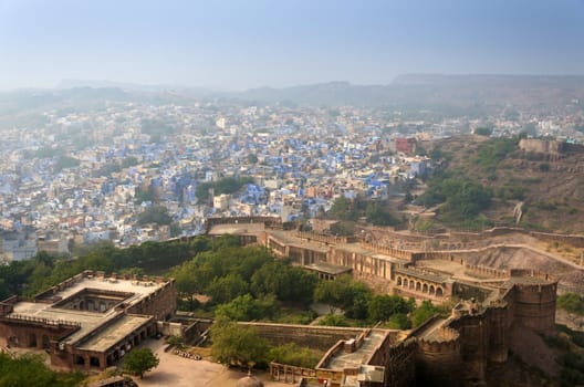 Jodhpur the blue city in Rajasthan, India. View from the Mehrangarh Fort.
