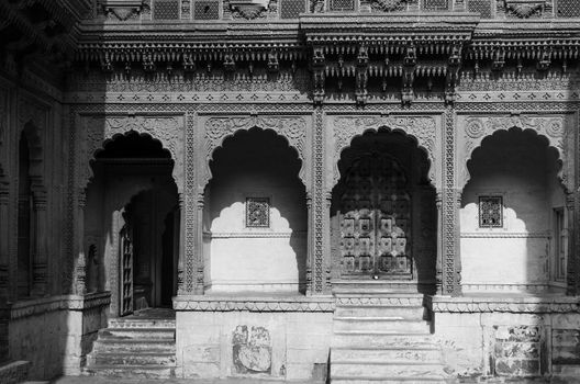 Architecture of Meherangarh fort in Jodhpur, Rajasthan, India (Black and White)