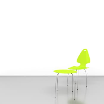 An image of a green chair and a table