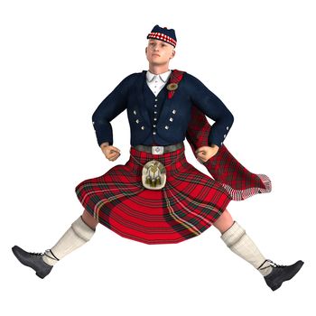 3D digital render of a highlander wearing a scottish kilt dancing isolated on white background