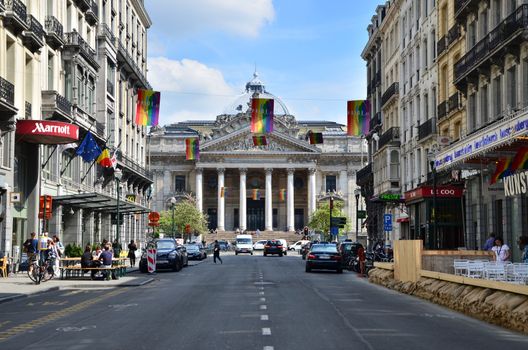 Brussels, Belgium - May 12, 2015: Peoples at Brussels Stock Exchange on May 12, 2015. The building was founded in Brussels, Belgium, by decree of Napoleon in 1801.
