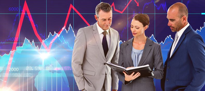 Businesswoman showing her notes to her colleagues against stocks and shares