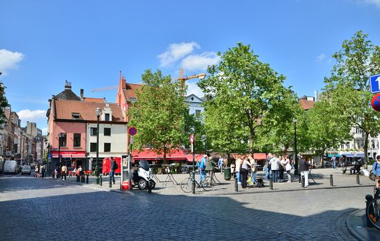 Brussels, Belgium - May 12, 2015: Peoples visit saint catherine church square on May 12, 2015 in the center of Brussels. The church, inspired by St. Eustache in Paris.