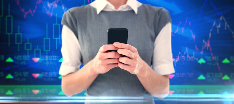 Businesswoman texting against stocks and shares