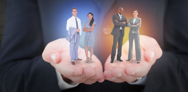 Businessman and a woman with their hands crossed against room with brick wall