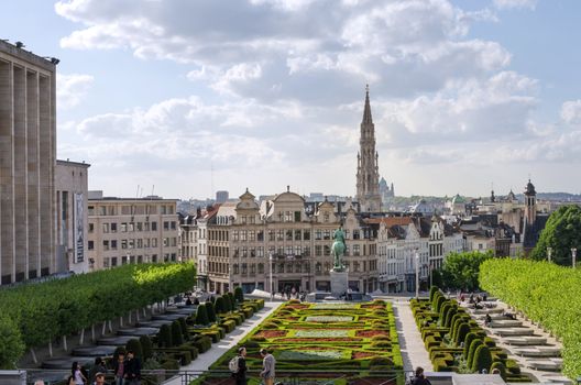 Brussels, Belgium - May 12, 2015: Tourist visit Kunstberg or Mont des Arts (Mount of the arts) gardens in Brussels, Belgium. The Mont des Arts offers one of Brussels' finest views.