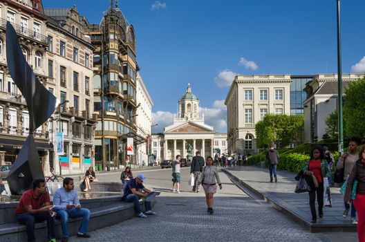 Brussels, Belgium - May 12, 2015: Peoples around Church of Saint Jacques-sur-Coudenberg