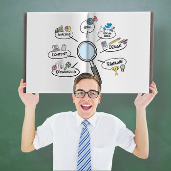 Nerd showing a book against green chalkboard