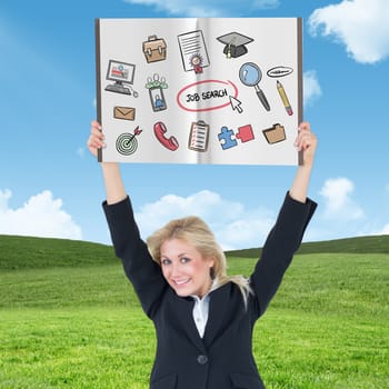 Businesswoman showing a book against blue sky over green field