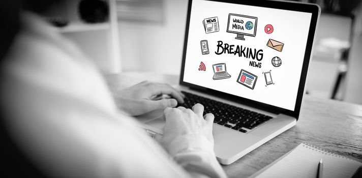 Businessman working on his laptop against breaking news doodle