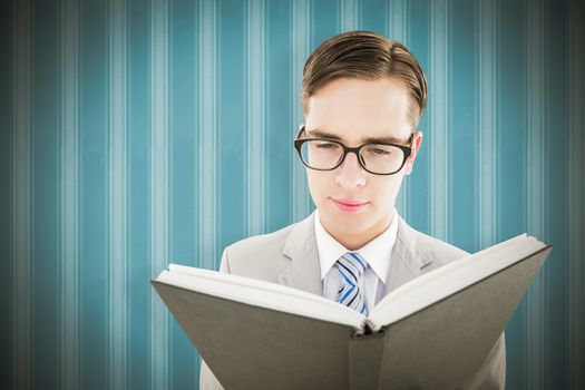 Geeky preacher reading from black bible against background