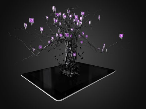 Social media icons set in tree shape on Modern black tablet pc, concept