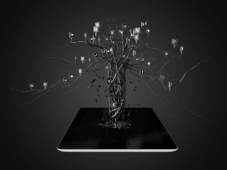 Social media icons set in tree shape on Modern black tablet pc, concept