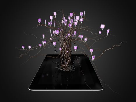 Social media icons set in tree shape on Modern black tablet pc, concept