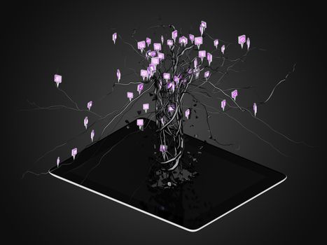 Social media icons set in tree shape on Modern black tablet pc, concept