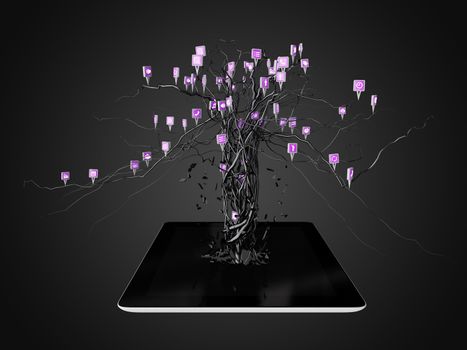 Social media icons set in tree shape on Modern black tablet pc, concept