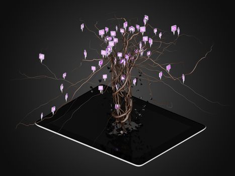 Social media icons set in tree shape on Modern black tablet pc, concept