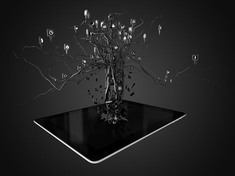 Social media icons set in tree shape on Modern black tablet pc, concept