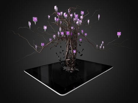 Social media icons set in tree shape on Modern black tablet pc, concept