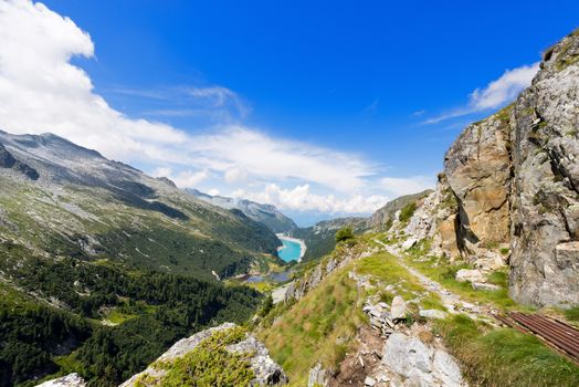 Ghilarda Valley and Lake of Arno (man made lake) seen from Campo pass. Adamello, Lombardy, Italy