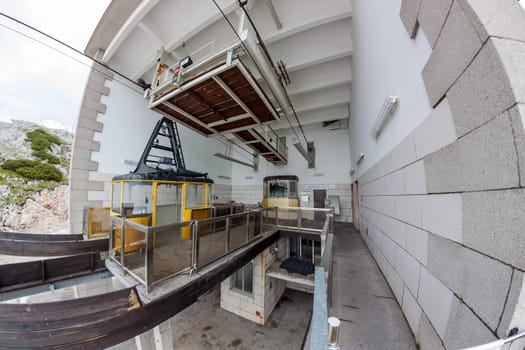 Obertraun, Austria - June 27, 2014: Summit station Krippenstein. The ropeway Dachstein-Krippenstein carries hikers and tourists on top of Dachstein mountains