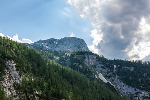View from the exit of the mammoth cave to the Krippenstein / Dachstein mountains - wide angle, panorama shot
