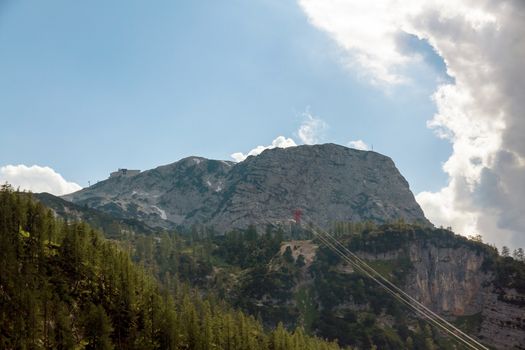 View from the exit of the mammoth cave to the Krippenstein / Dachstein mountains - wide angle, panorama shot