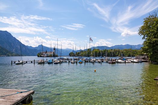 Lake Traunsee in Gmunden, castle Ort in the background