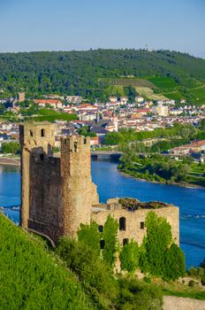 Ehrenfels Castle, Burg Ehrenfels on Rhine river near Ruedesheim and Bingen am Rhein, Hessen, Germany