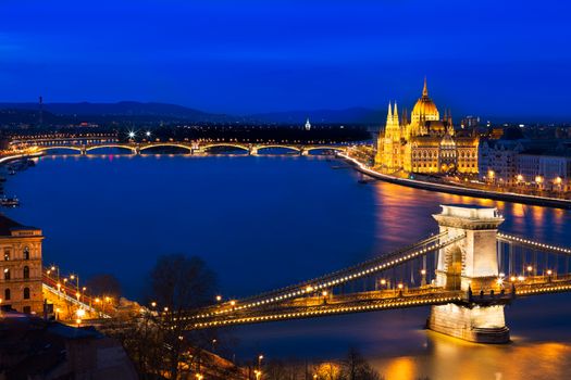 Blue hour in Budapest with Szechenyi Chain Bridge, Hungary
