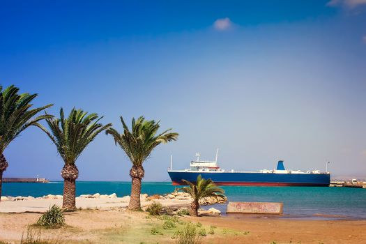 Coast, sea, port, big beautiful ship, Wharf in the town of Rethymno, Crete, Greece.