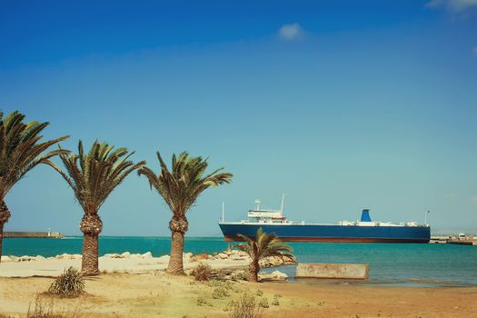 Coast, sea, port, big beautiful ship, Wharf in the town of Rethymno, Crete, Greece.