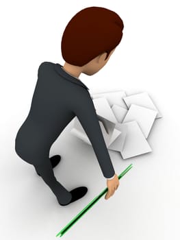3d man holding paper and lost of paper work concept on white background, top angle view