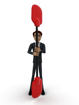 3d man holding boat paddle in hands concept on white background, front angle view