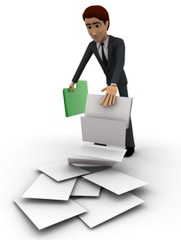 3d man holding paper and lost of paper work concept on white background, side angle view