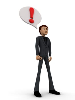 3d man with exclamation mark in chat bubble concept on white background, side angle view